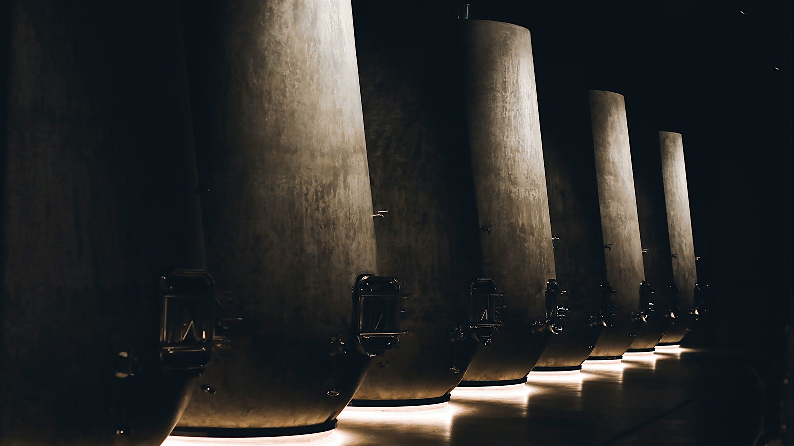 Large concrete tanks of wine sit in a row in the deep shadows of Pieropan's fermenting and aging cellar